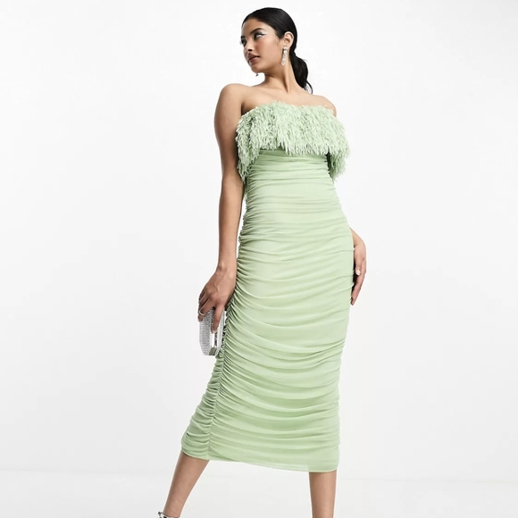 ASOS DESIGN bandeau faux feather mesh midi dress in sage green - 8 - Picture 3 of 8